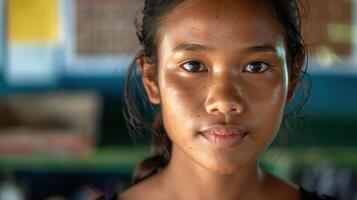 Close-up portrait of a young Iban female teacher with a welcoming expression, standing in a classroom with students and a chalkboard in the background. photo