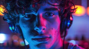 Close-up portrait of a young Spanish male DJ illuminated by vibrant neon lights. photo