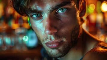 Close-up portrait of a young Irish male bartender with a friendly expression, standing behind the bar counter with a selection of drinks in the background. photo