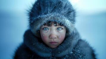 Close-up of a young child with blue eyes and fur hood in snowy environment photo
