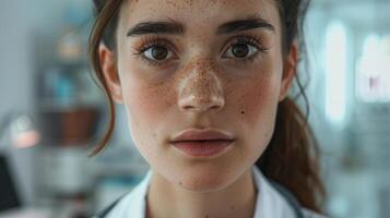 Close-up portrait of a young Mestizo female doctor in a clinic. photo
