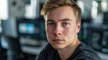 Close-up portrait of a young Latvian male software engineer in an office. photo
