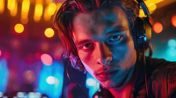 Close-up portrait of a young Lithuanian male DJ in a nightclub. photo