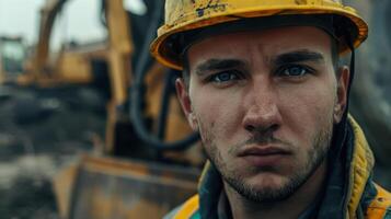 Close-up portrait of a young Ukrainian male construction worker. photo