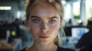 Close-up portrait of a young Norwegian female manager with blue eyes and freckles, looking directly at the camera in an office setting. photo
