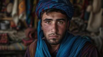 Close-up portrait of a young Pashtun male artisan with a serious expression, dressed in traditional clothing and headwear, against a background of colorful fabrics. photo