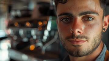 Close-up portrait of a young Italian male barista with a friendly expression, holding a cup of coffee, standing behind the counter in a cozy cafe. photo