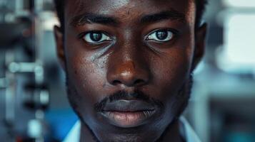 Close-up portrait of a young Nigerian male truck driver with a determined expression in a truck cabin. photo