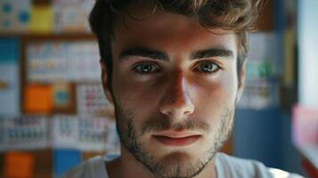 Close-up portrait of a young Italian male teacher with a friendly expression, standing in a classroom with a chalkboard in the background. photo