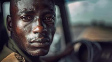 Close-up portrait of a young Nigerian male truck driver with a determined expression in a truck cabin. photo