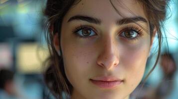 Close-up portrait of a young Italian female manager with a professional expression, in a modern office setting. photo