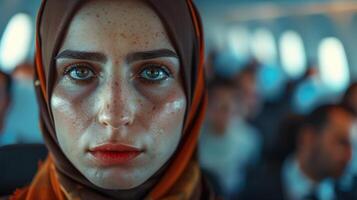 Close-up portrait of a young Turkish female flight attendant. photo