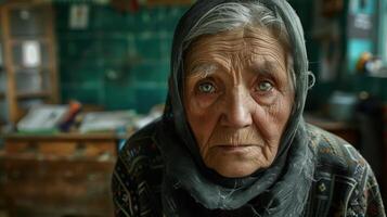 Close-up portrait of an elderly Abkhazian female teacher. photo
