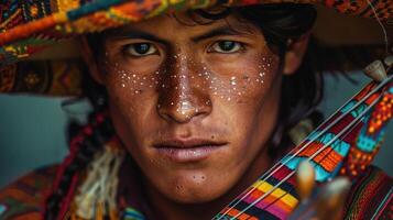 Close-up portrait of a young Quechua male musician photo