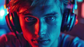 Close-up portrait of a young Lithuanian male DJ in a nightclub. photo