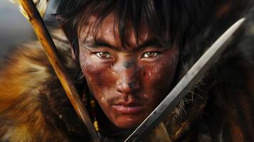 Close-up portrait of a young Mongolian male hunter with a focused expression, holding traditional hunting weapons. photo