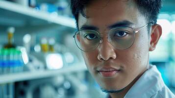 Close-up portrait of a young Indonesian male scientist with a focused expression, wearing a lab coat and safety goggles, in a laboratory setting. photo
