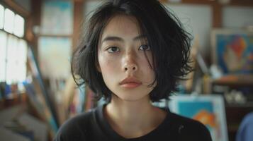 Close-up portrait of a young Japanese female artist with a thoughtful expression, holding a paintbrush, in a studio setting with artworks in the background. photo