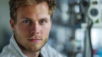 Close-up portrait of a young Norwegian male engineer with blue eyes and a beard, standing near a microscope in a laboratory. photo