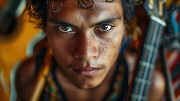 Close-up portrait of a young Venezuelan male musician. photo