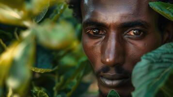 Close-up portrait of a young Oromo male farmer with an intense expression, surrounded by green corn leaves in a field. photo