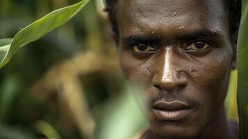 Close-up portrait of a young Oromo male farmer with an intense expression, surrounded by green corn leaves in a field. photo