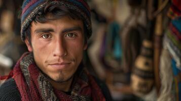Close-up portrait of a young Mapuche male artisan in traditional attire. photo