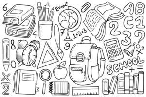 Back to school illustrations set with line art stationary. Hand drawn books, letters, numbers, notepads and other school objects. vector