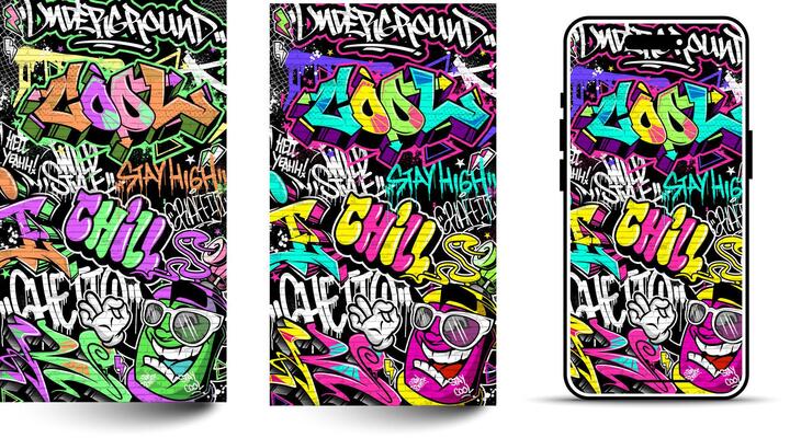 Graffiti wallpaper illustration. Vibrant and colorful street art urban graffiti illustration with scribbles, tagging, drips for wall art, wallpaper and many purposes