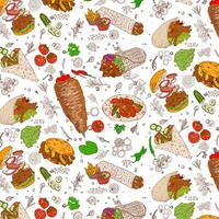 Shawarma cooking and ingredients for kebab. Pattern of doner kebab. vector