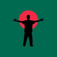 Bangladeshi Students stands with wide open hands palm extended on flag background. vector
