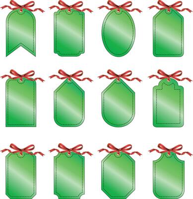 Set of green gift tags with red bow and gold trim
