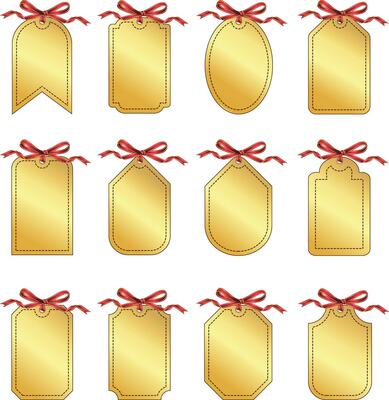 Set of gold gift tags with red bow and gold trim