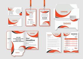 Professional business branding stationery set design template. Business office stationary mockup template of Business card, ID card, Envelope, Marketing File folder, Letterhead and Invoice design. vector
