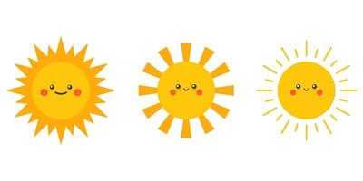 Children's illustration of sun with cute face in three variations. Sun with smiling face in simple style vector