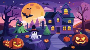 halloween background with a haunted house, pumpkins and ghosts vector