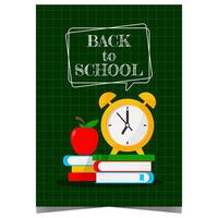 Back to school poster or banner with books, alarm clock and apple, symbol of knowledge, on a blackboard background. Invitation to celebrate the beginning of a new school year with pupils and teachers. vector