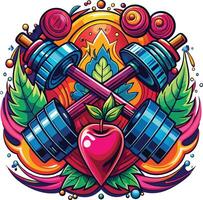 colorful tattoo design with two dumbbells and an apple vector