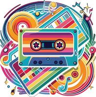 a colorful retro style cassette player with musical notes vector