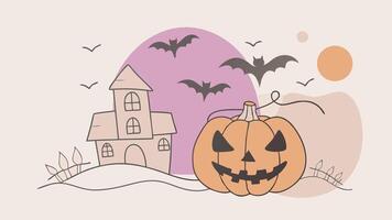 halloween pumpkin with house and bats on the background vector