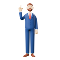 3D illustration of a smiling entrepreneur pointing upwards who generates a new idea, cartoon character portrait of an investor who generates a new idea concept. png