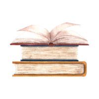Open book is lying on stack of different books. Composition with textbooks. Hand drawn watercolor illustration isolated. Education concept. Literature and reeding. Template for card, sticker, website. png
