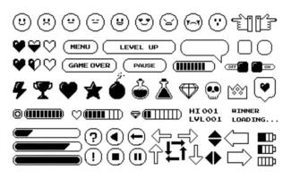 Game 8-bit pixel elements. Retro arcade games icons. Digital console menu, life bars, button, levels, arrows and life bars. 90s game symbols heart, star and lightning, energy lettering. set vector