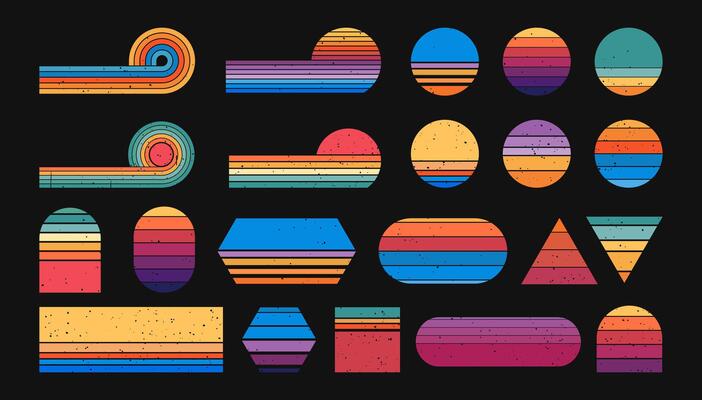 Abstract retro sunset. Groovy 90s ocean circle tropical sunrise. Round striped badge with sea sunlight. Grunge texture on geometric shapes, background set. Rainbow summer sky t-shirt design