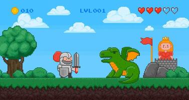 Pixel art game scene. Retro 8 bit game characters. Saving princess. Duel with knight and dragon. Computer game with grass, cloud and trees. Hearts health bar. concept vector