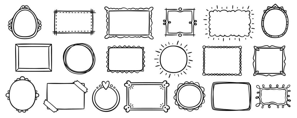 Sketch frames. Hand drawn scrapbooking picture frame. Black doodle circle, round, square, rectangle label, oval banner. Cartoon ink painted scribble stickers. set
