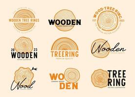Wooden label. Tree ring texture for graphic design concepts. Combine elements with lettering. Hand drawn wood round slice, fractal stump. Vintage aesthetic line stickers vector