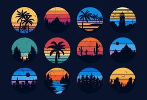 Retro 80s sunset. Grunge striped round cyberpunk sunrise. Abstract synthwave silhouettes with lighthouse, beach. 90s textured background with mountain, desert, forest, ocean and palms. set vector