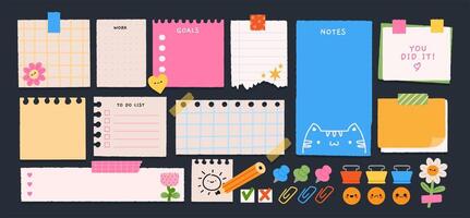 Paper sticker notes. Cartoon sticky sheets. Organization tapes, remind papers memo pages, notebook sticker, goal management office board blank for message. Scrapbooking with clips and pins set vector