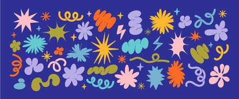Abstract shapes. 90s cloud, flowers and elements sticker. Retro groovy y2k various doodles, curly, spiral, wavy forms. Trendy funky star, lines, brutalist bubble minimal shape. 80s simple set vector